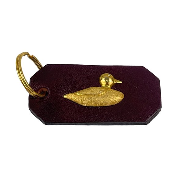 Vintage Plum Leather Keychain With Gold Duck Accent - Picture 4 of 5